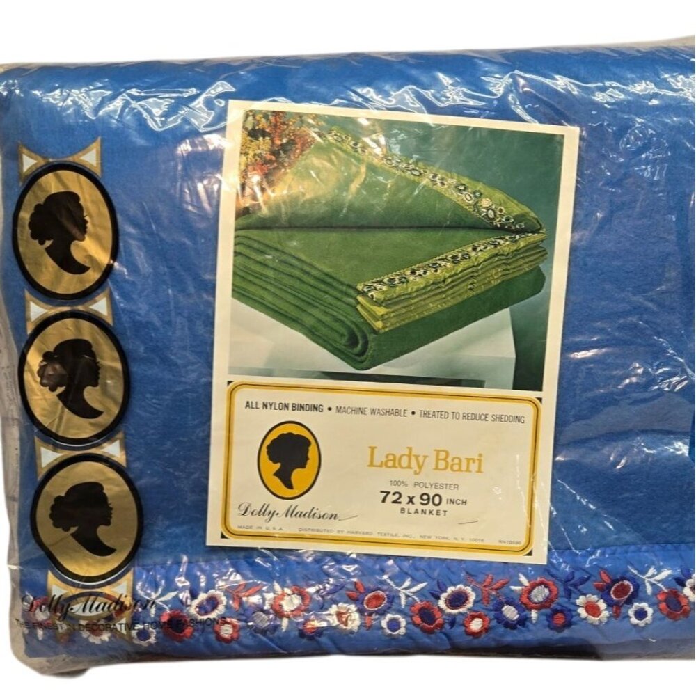 NWT NOS Dolly Madison vintage Blanket Blue Embroidered retro granny core  groovy